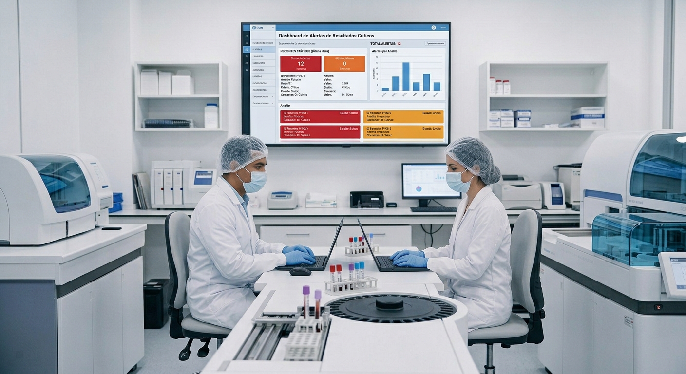 Dos técnicos de laboratorio frente a un dashboard de alertas de resultados críticos