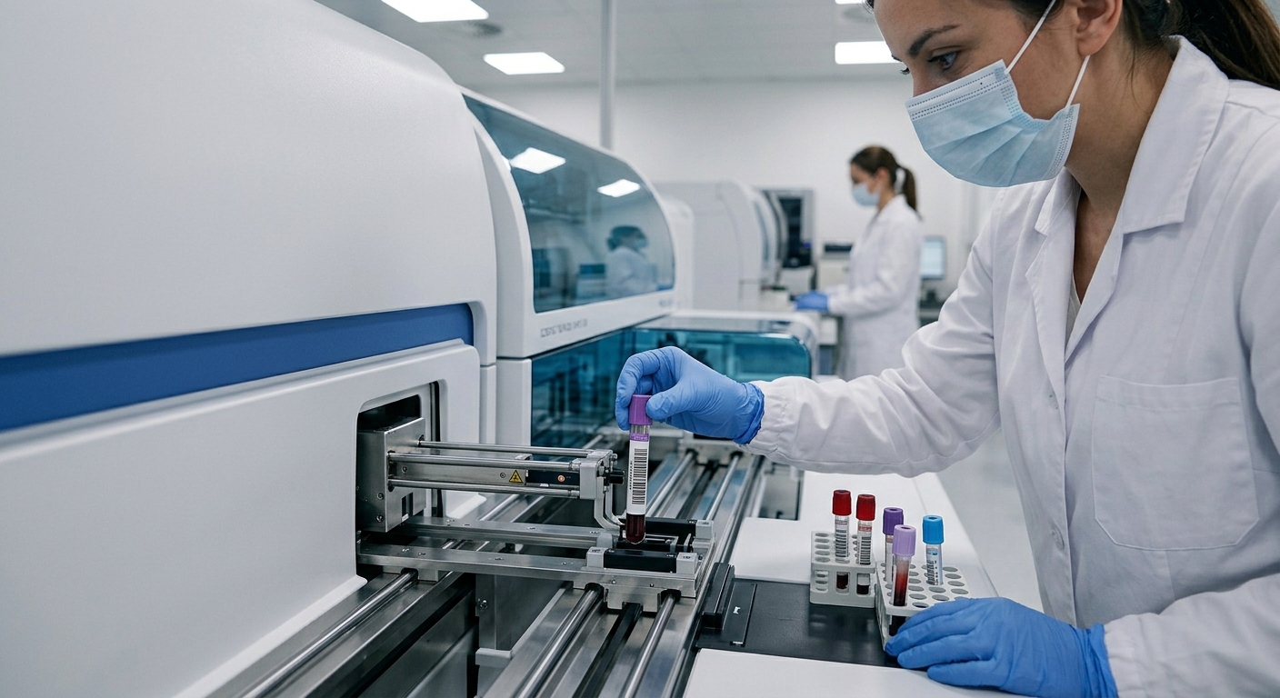 Técnica de laboratorio cargando un tubo de muestra en un analizador clínico